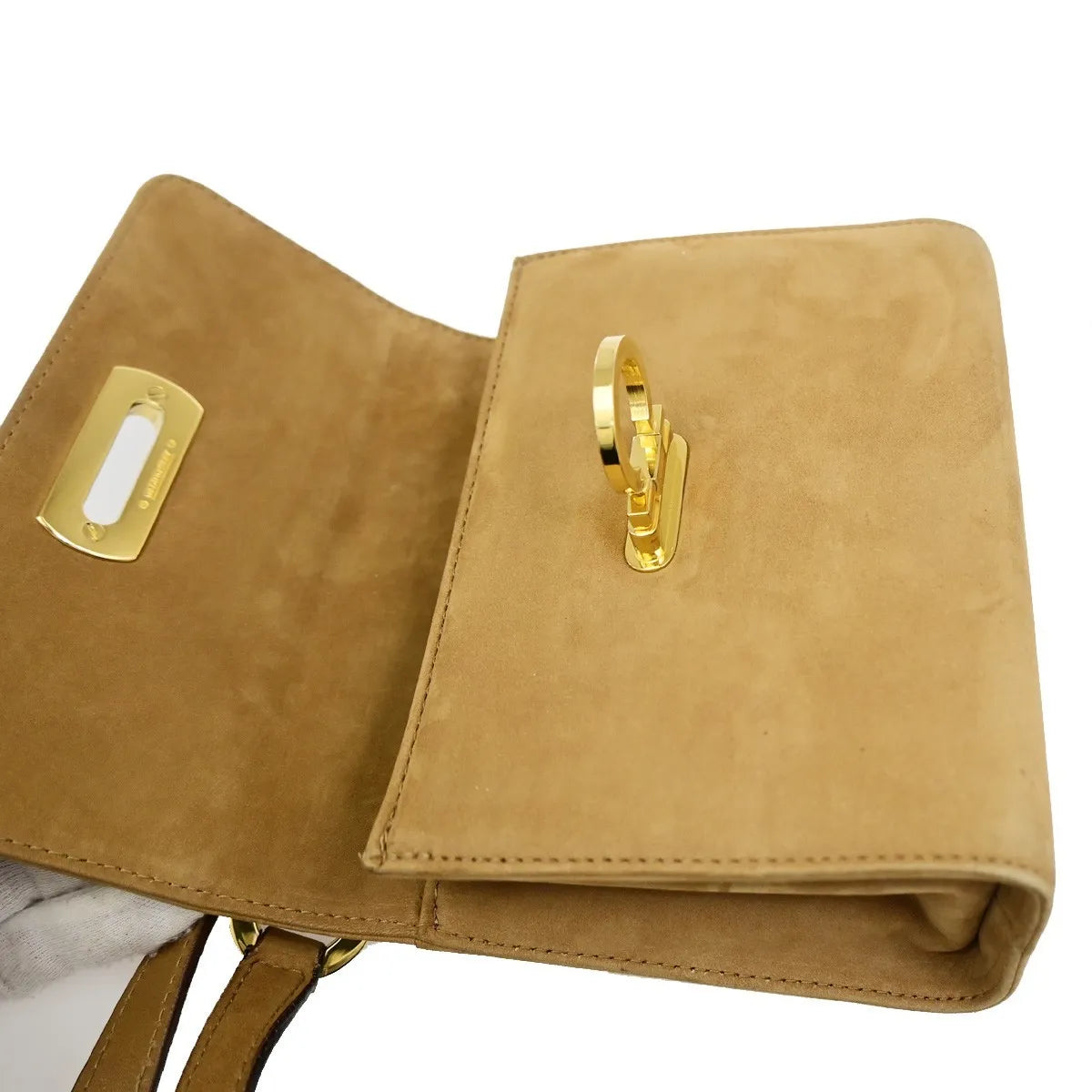 Salvatore Ferragamo Gancini Flap Suede, Beige, Suede, Shoulder Bag