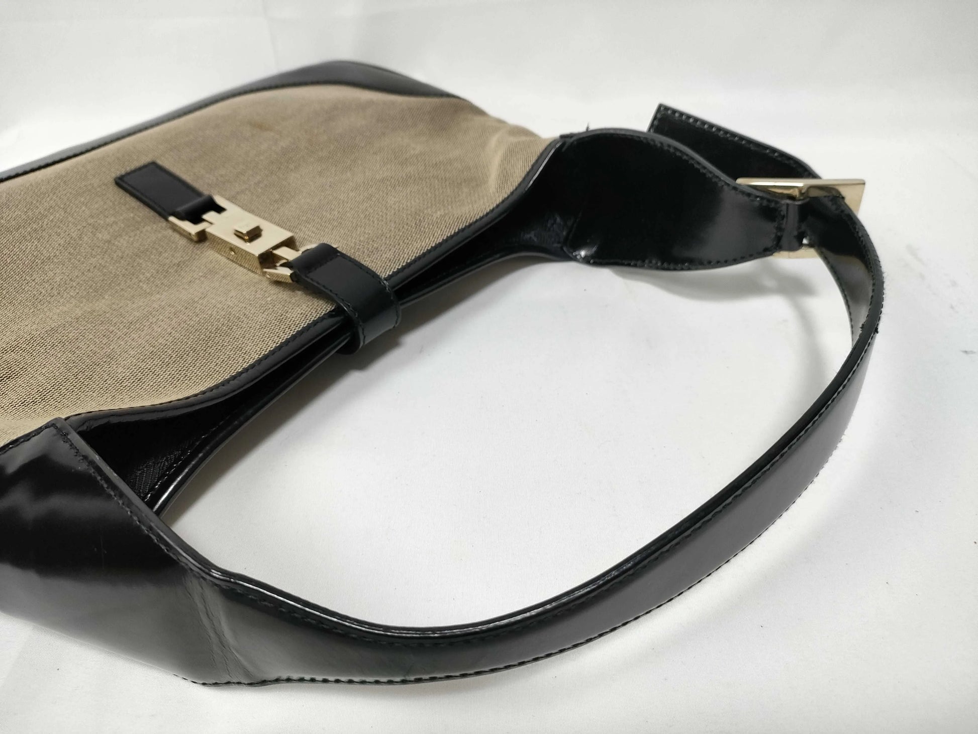 Gucci Vintage Jackie Shoulder Canvas and Leather, Beige, Canvas, Handbag