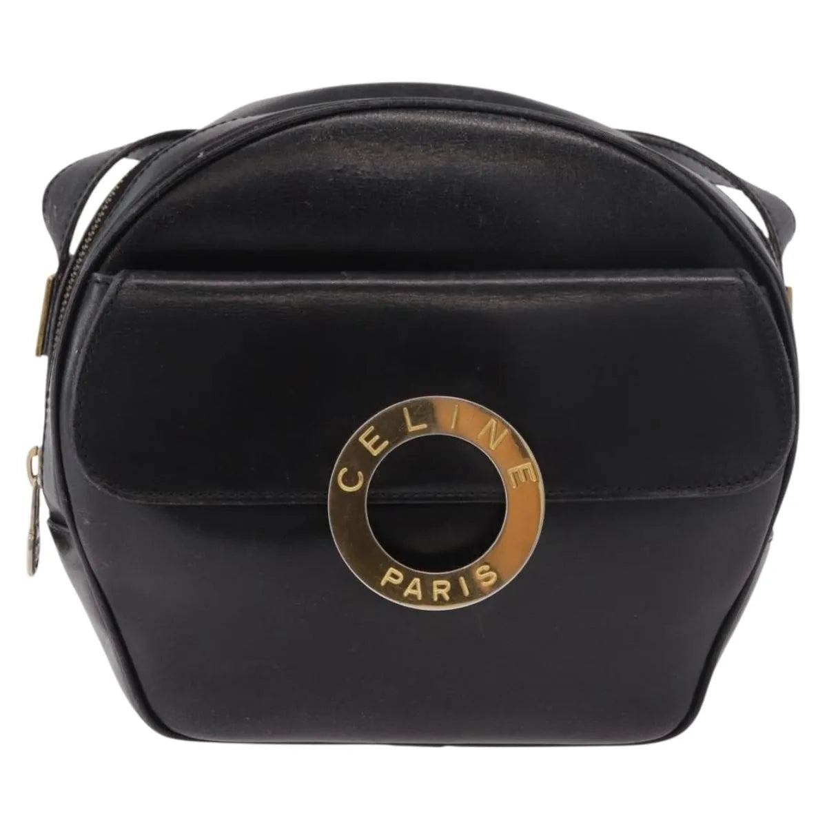 Celine Vintage Circle Logo Leather, Black, Leather, Shoulder Bag
