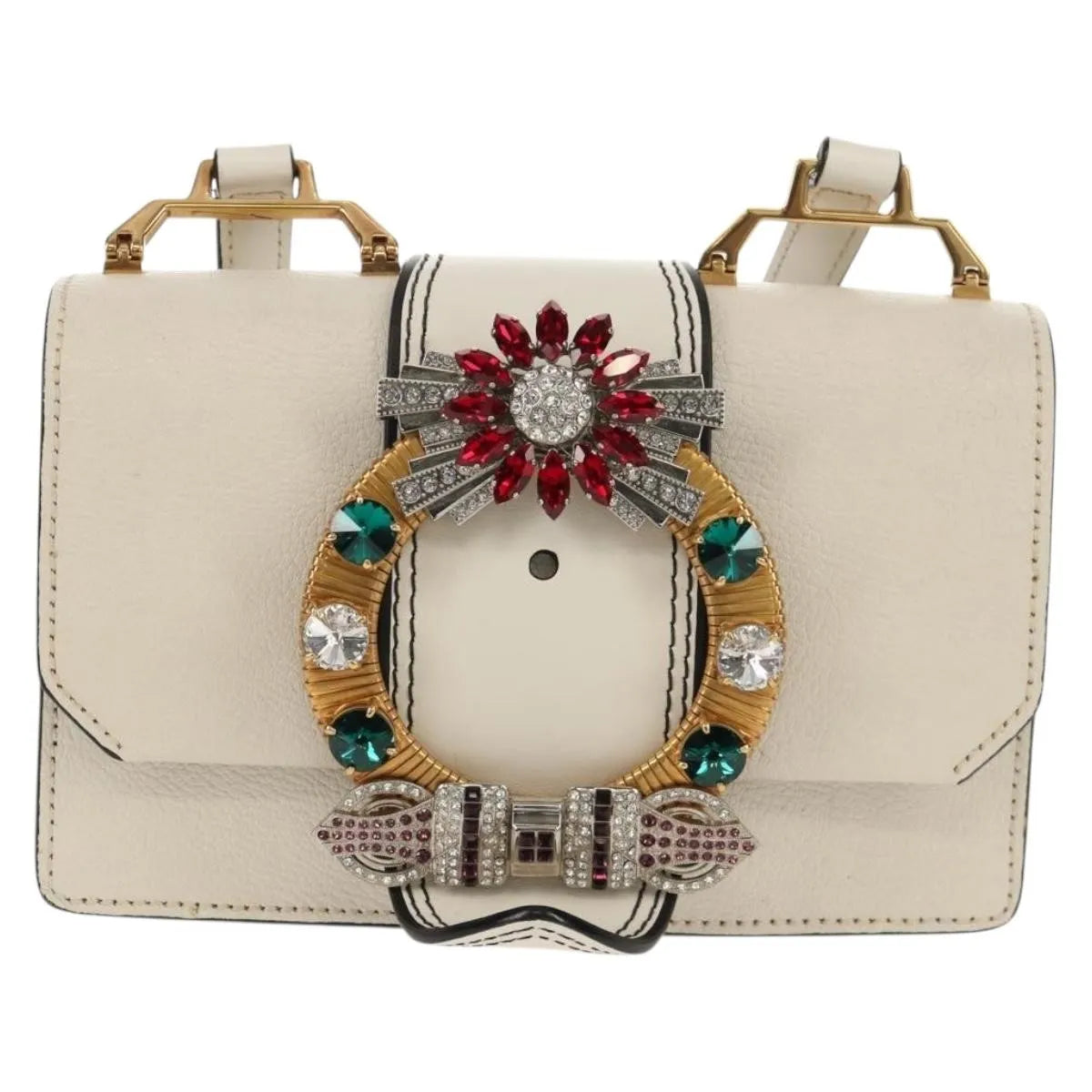 Miu Miu Madras Crystal Buckle Leather, White, Leather, Shoulder Bag