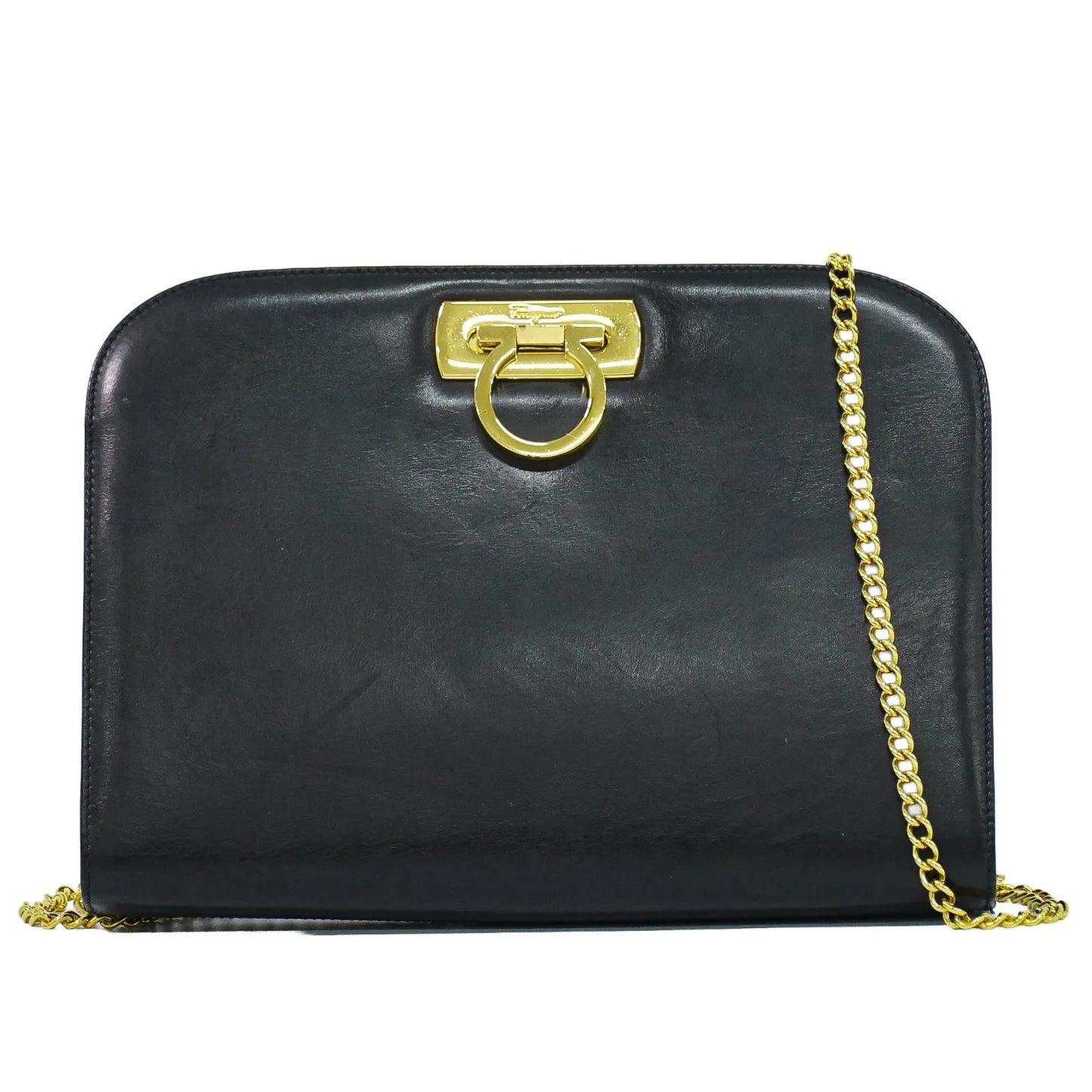 Salvatore Ferragamo Vintage Gancini Chain Leather, Black, Leather, Shoulder Bag