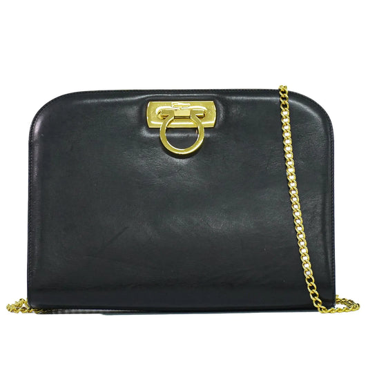 Salvatore Ferragamo Vintage Gancini Chain Leather, Black, Leather, Shoulder Bag