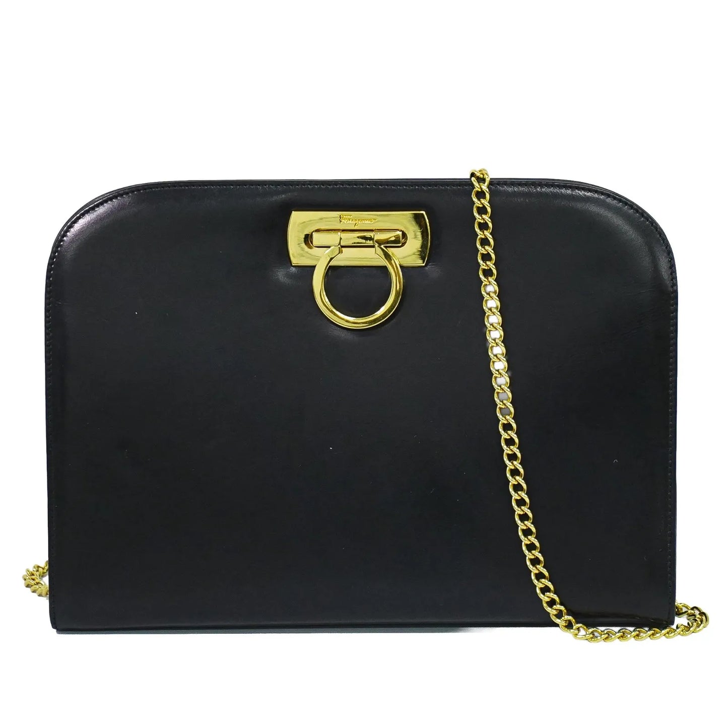 Salvatore Ferragamo Vintage Gancini Chain Leather, Black, Leather, Shoulder Bag