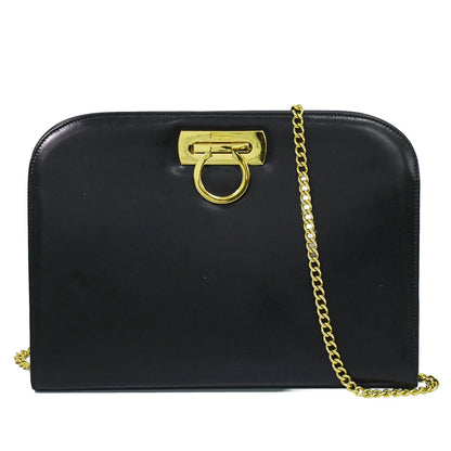 Salvatore Ferragamo Vintage Gancini Chain Leather, Black, Leather, Shoulder Bag