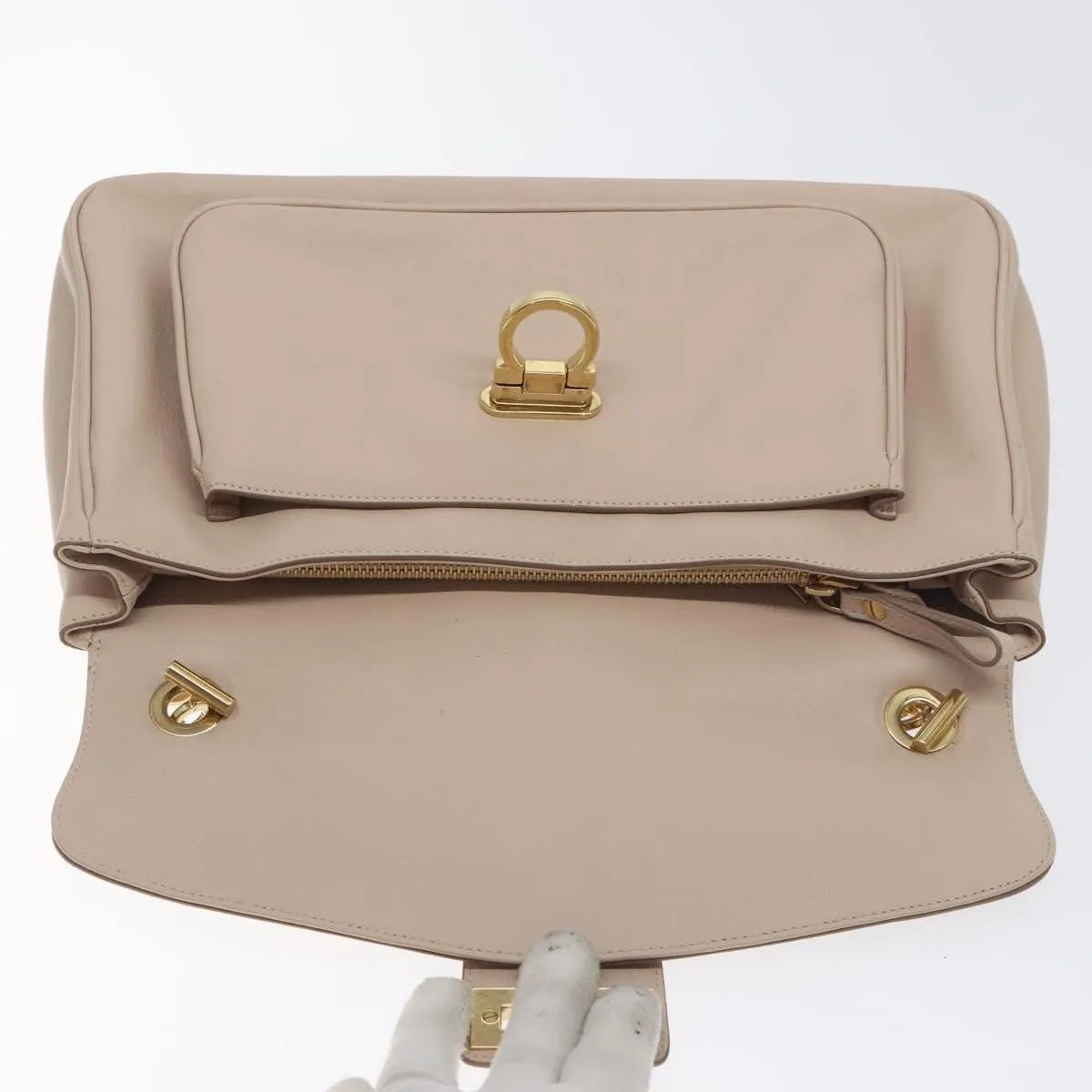 Salvatore Ferragamo Gancini Chain Leather, Beige, Leather, Shoulder Bag