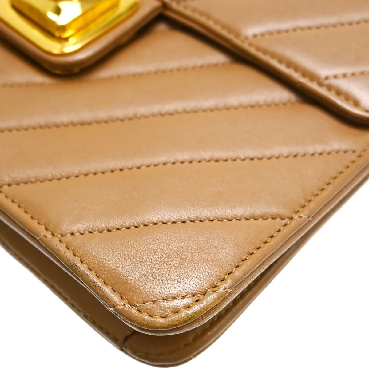 Chanel Vintage Push Lock Flap Chevron Lambskin, Brown, Leather, Shoulder Bag