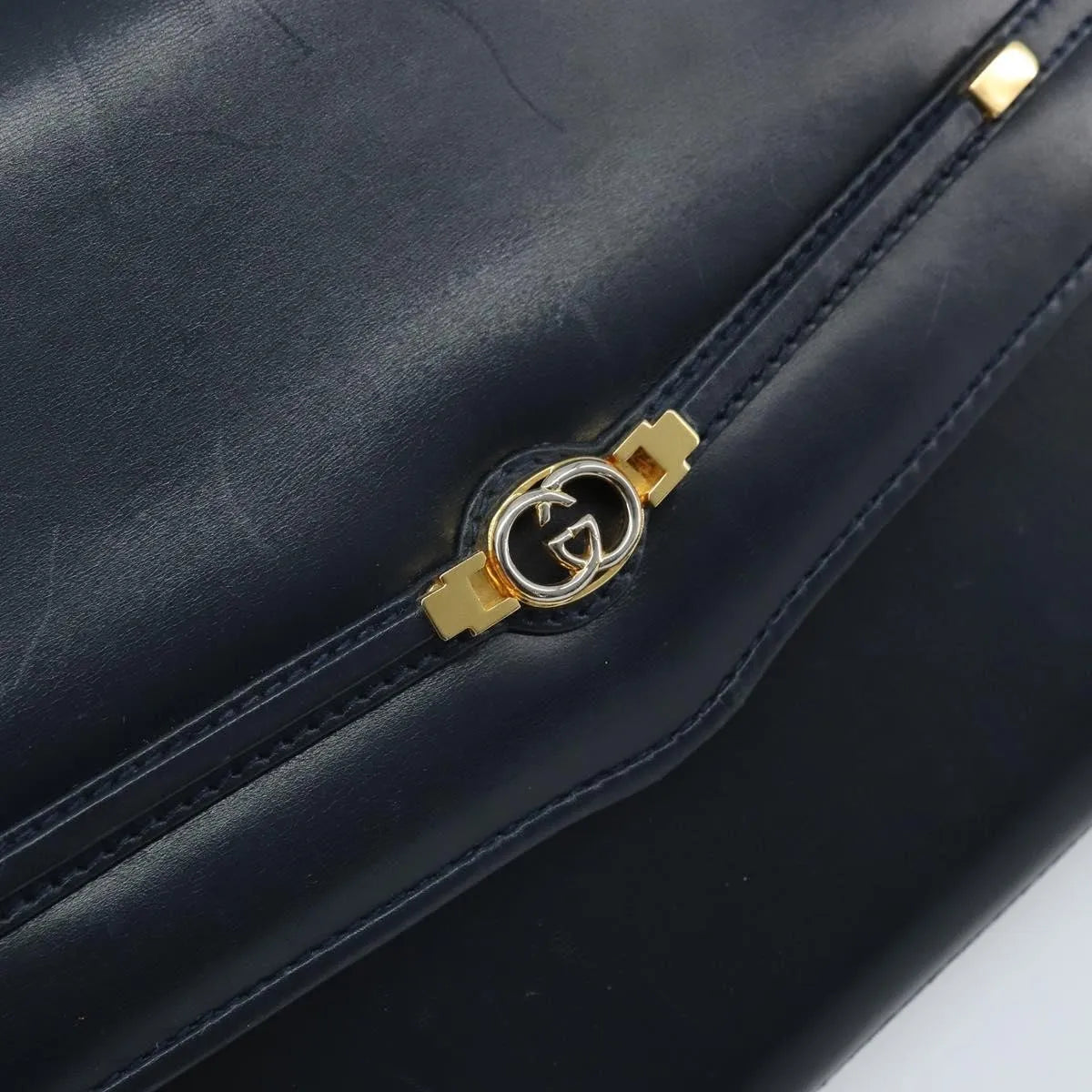 Gucci Vintage Interlocking G Flap Leather, Navy, Leather, Shoulder Bag