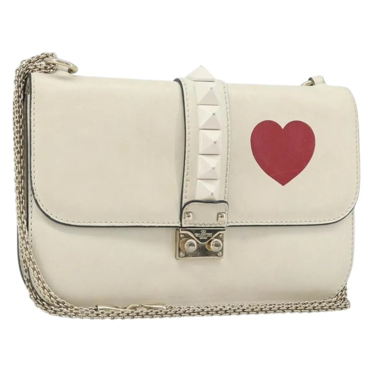Valentino Garavani Glam Lock Leather, White, Leather, Shoulder Bag
