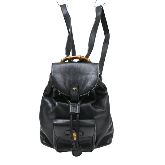 Gucci Vintage Bamboo Leather, Black, Leather, Backpack