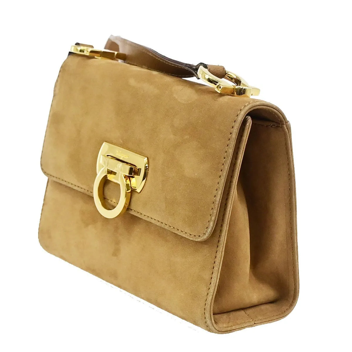 Salvatore Ferragamo Gancini Flap Suede, Beige, Suede, Shoulder Bag