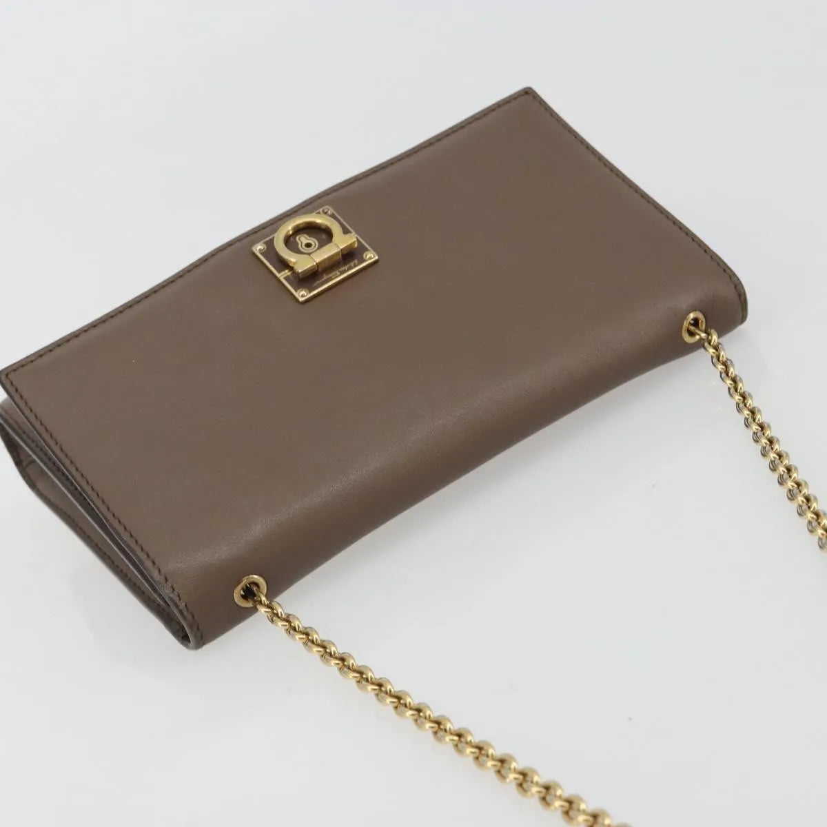 Salvatore Ferragamo Gancini Chain Leather, Gray, Leather, Shoulder Bag