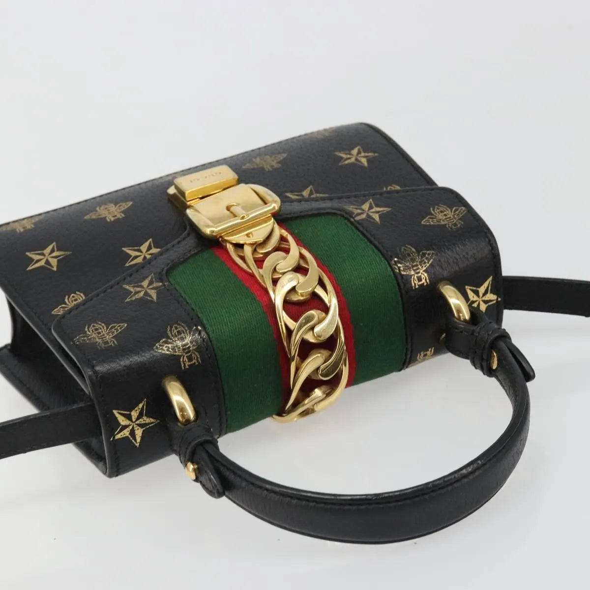 Gucci Sylvie Top Handle Printed Leather, Black, Leather, Handbag