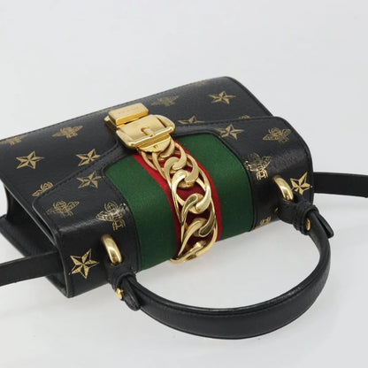 Gucci Sylvie Top Handle Printed Leather, Black, Leather, Handbag