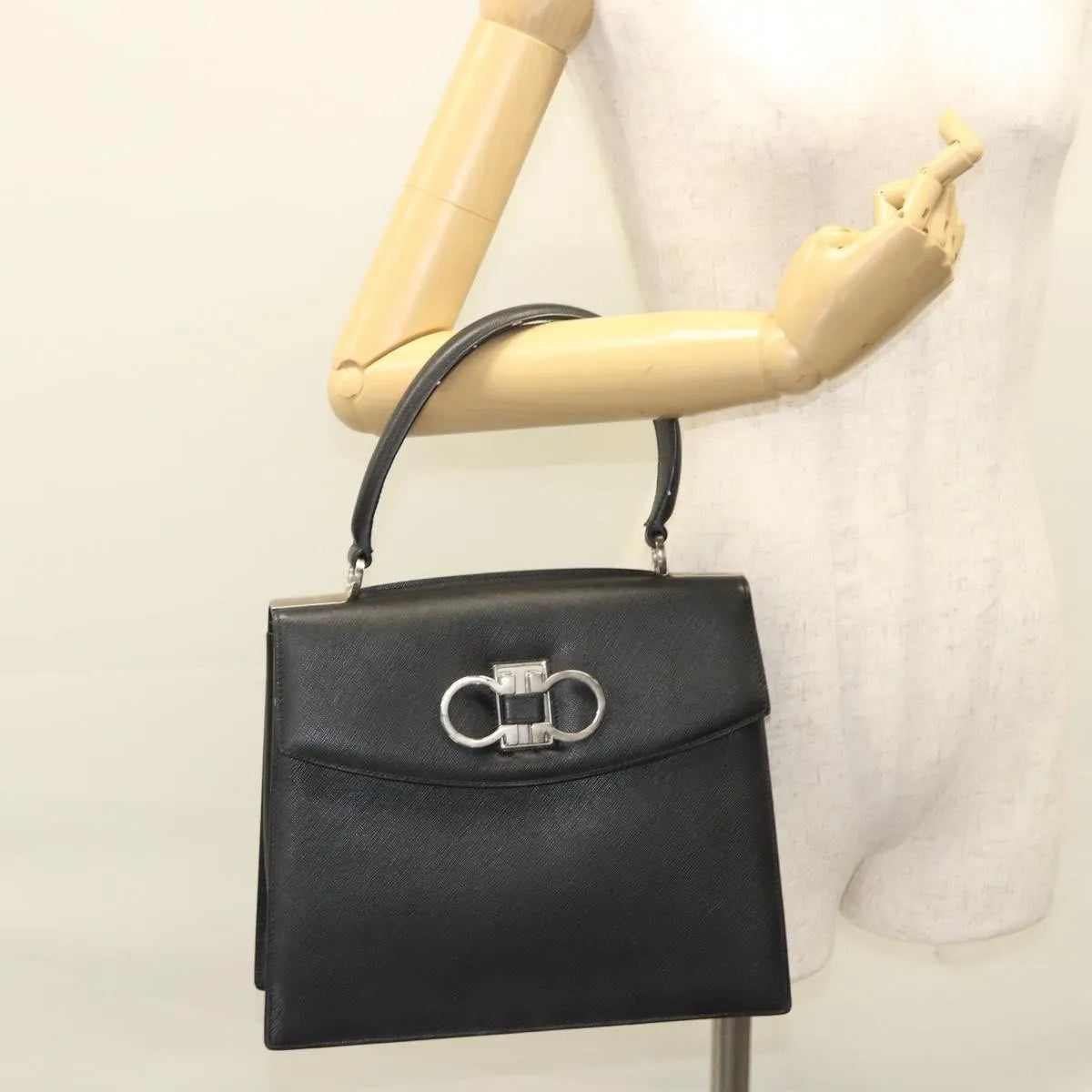 Salvatore Ferragamo Double Gancini Top Handle Saffiano Leather, Black, Leather, Handbag
