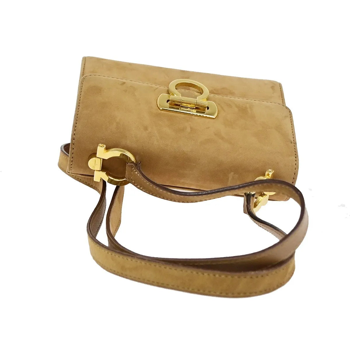 Salvatore Ferragamo Gancini Flap Suede, Beige, Suede, Shoulder Bag