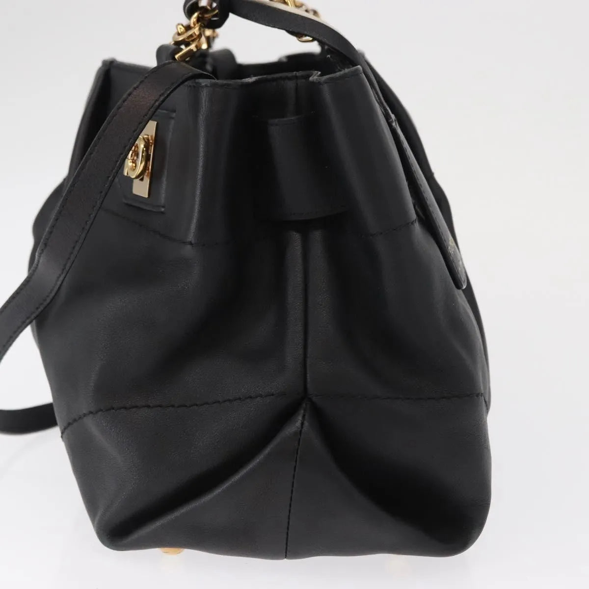 Salvatore Ferragamo W Chain Tote Leather, Black, Leather, Handbag