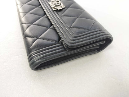 Chanel Boy Flap Quilted Lambskin, Black, Leather, Wallet