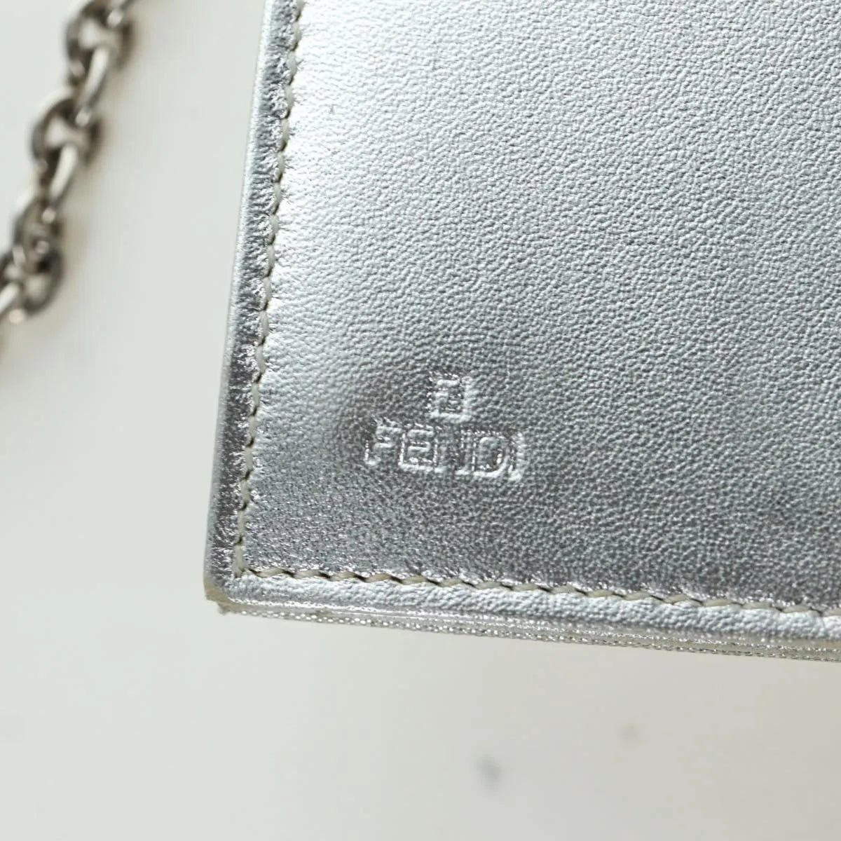 Fendi Wallet on Chain Logo Embossed Leather, Silver, Leather, Wallet