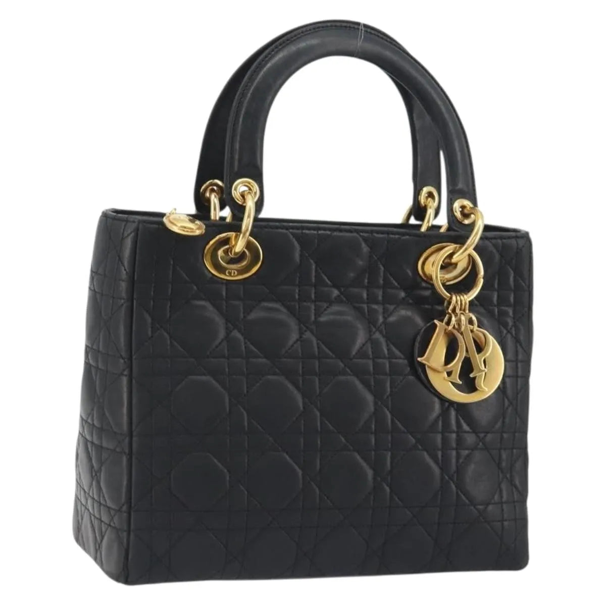 Christian Dior Vintage Lady Dior Cannage Quilt Lambskin, Black, Leather, Handbag