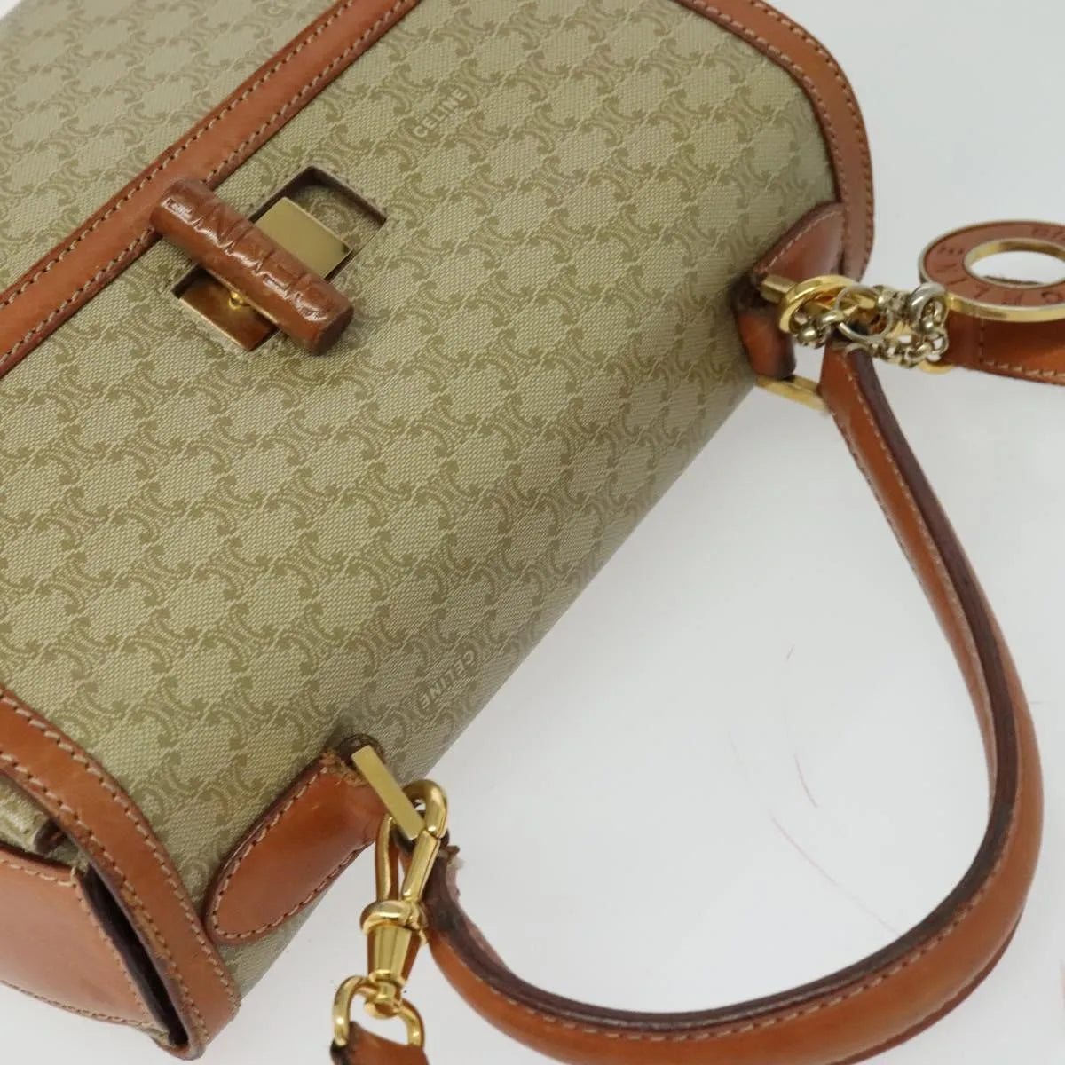 Celine Vintage Convertible Top Handle Macadam Coated Canvas, Beige, Canvas, Handbag