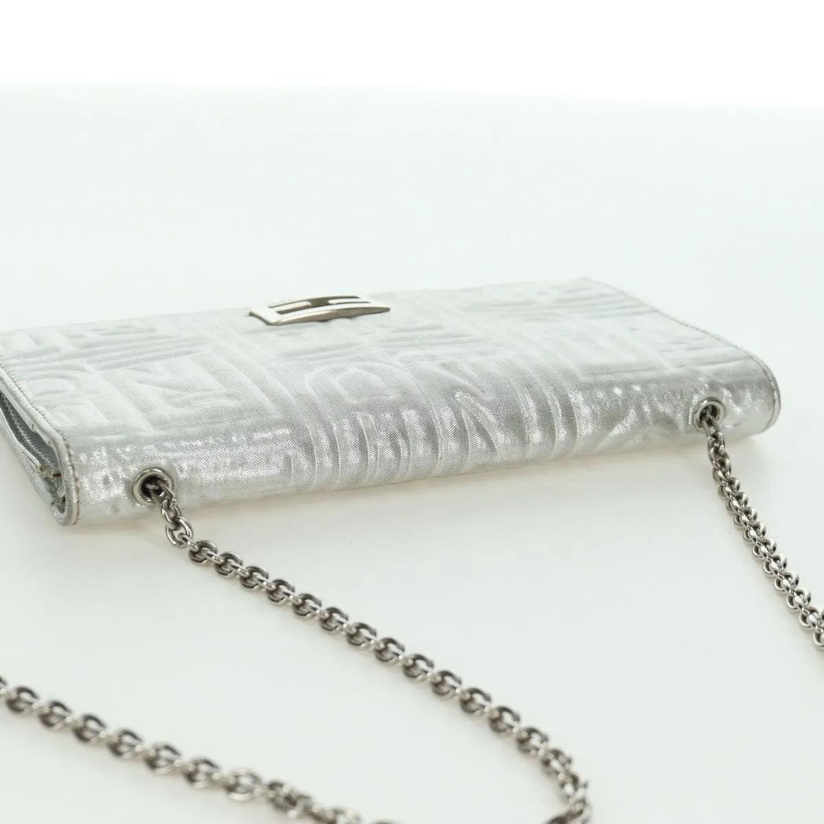 Fendi Wallet on Chain Logo Embossed Leather, Silver, Leather, Wallet