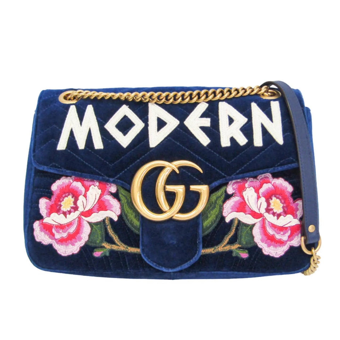 Gucci GG Marmont Flap Embroidered Matelasse Velvet, Blue, Velvet, Shoulder Bag