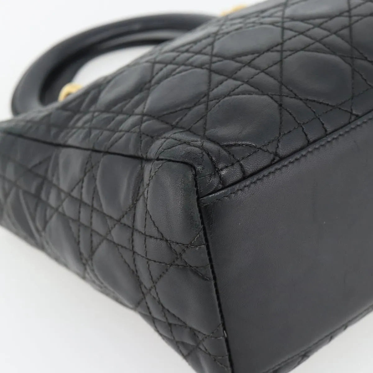 Christian Dior Vintage Lady Dior Cannage Quilt Lambskin, Black, Leather, Handbag