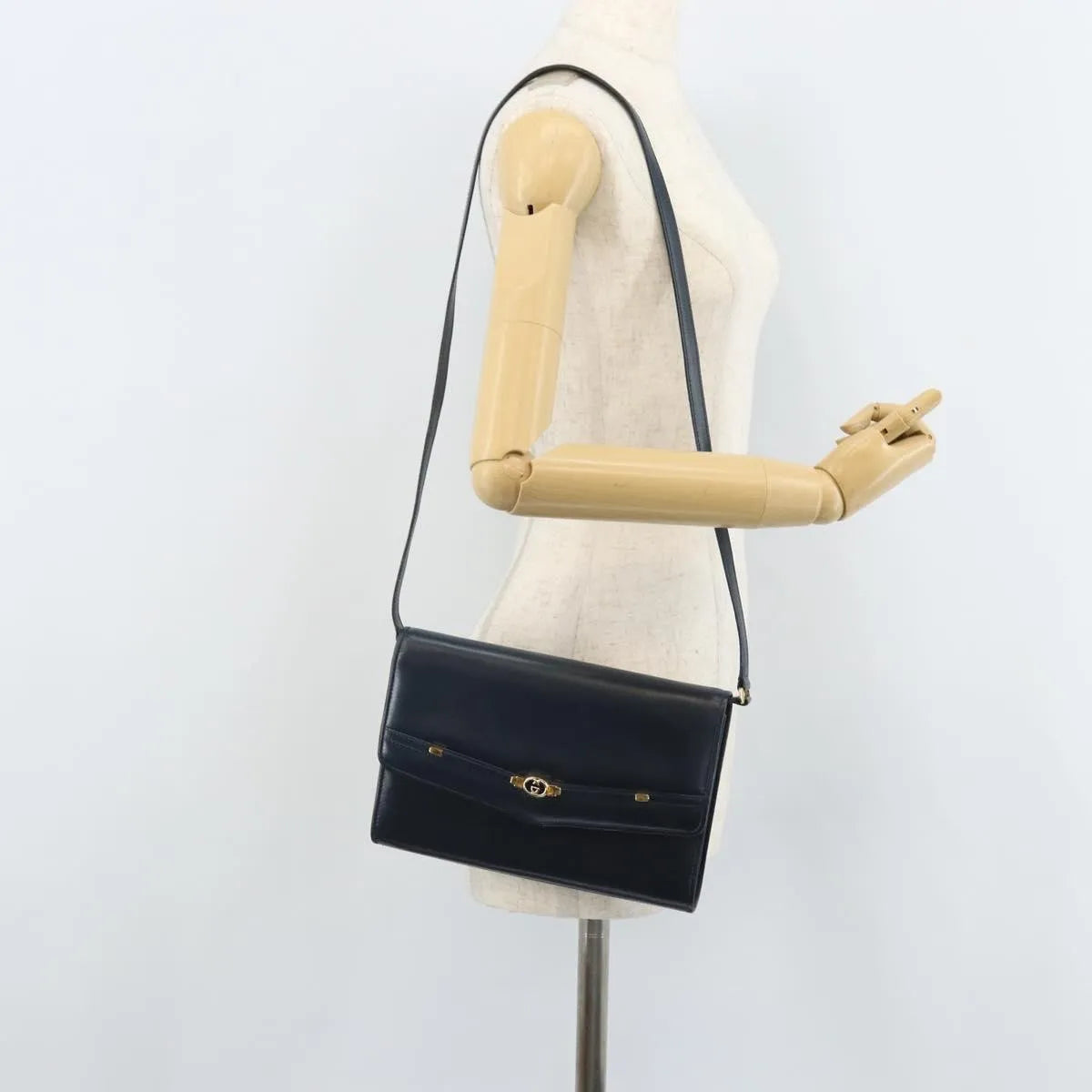 Gucci Vintage Interlocking G Flap Leather, Navy, Leather, Shoulder Bag