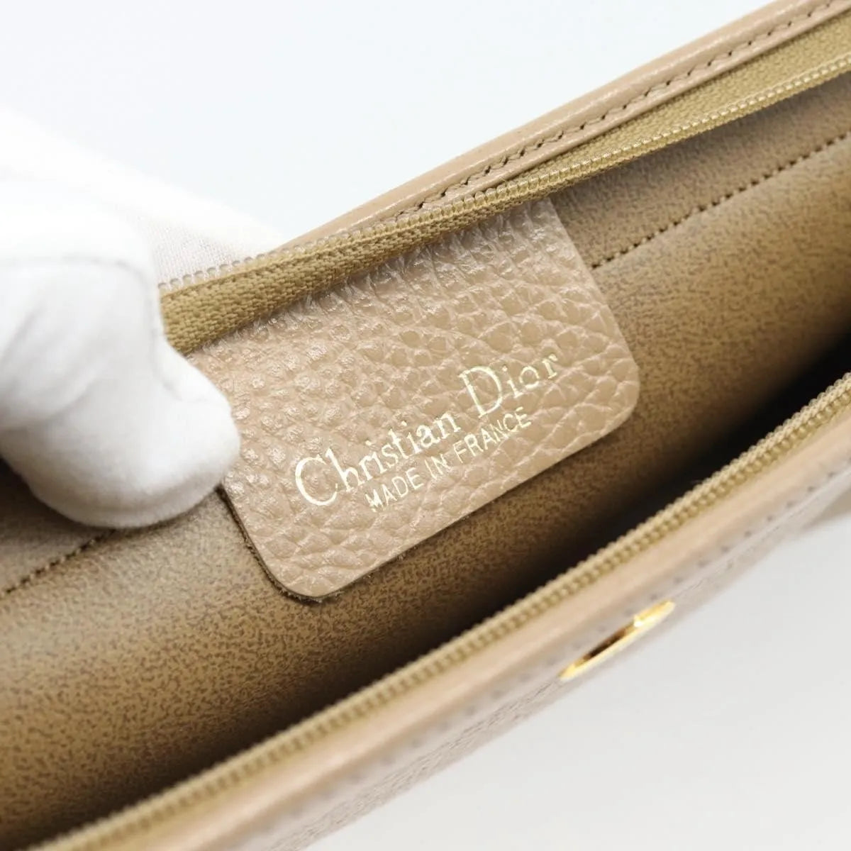 Christian Dior Vintage Zip Pochette Leather, Beige, Leather, Clutch