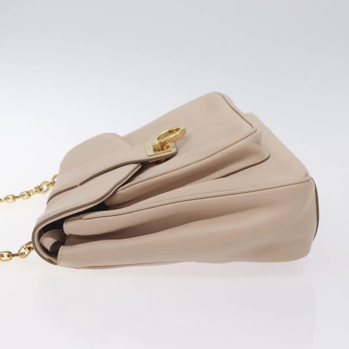 Salvatore Ferragamo Gancini Chain Leather, Beige, Leather, Shoulder Bag