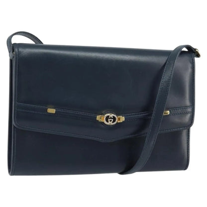 Gucci Vintage Interlocking G Flap Leather, Navy, Leather, Shoulder Bag