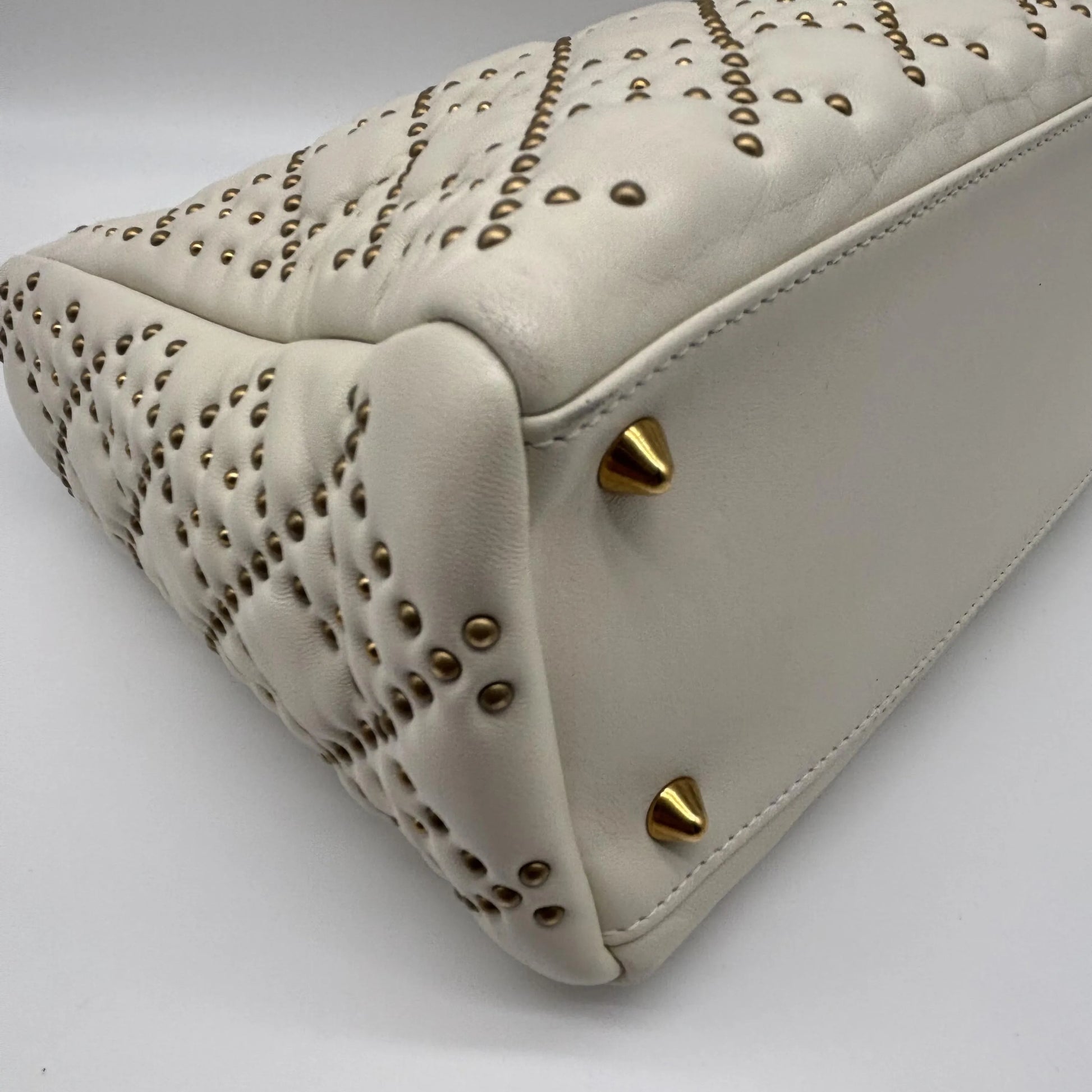 Christian Dior Lady Dior Studded Studded Cannage, White, Calfskin, Crossbody Bag