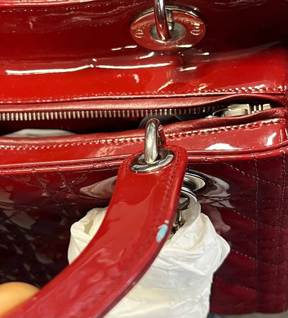 Christian Dior Vintage Lady Dior Cannage Quilt Patent, Burgundy, Patent Leather, Handbag