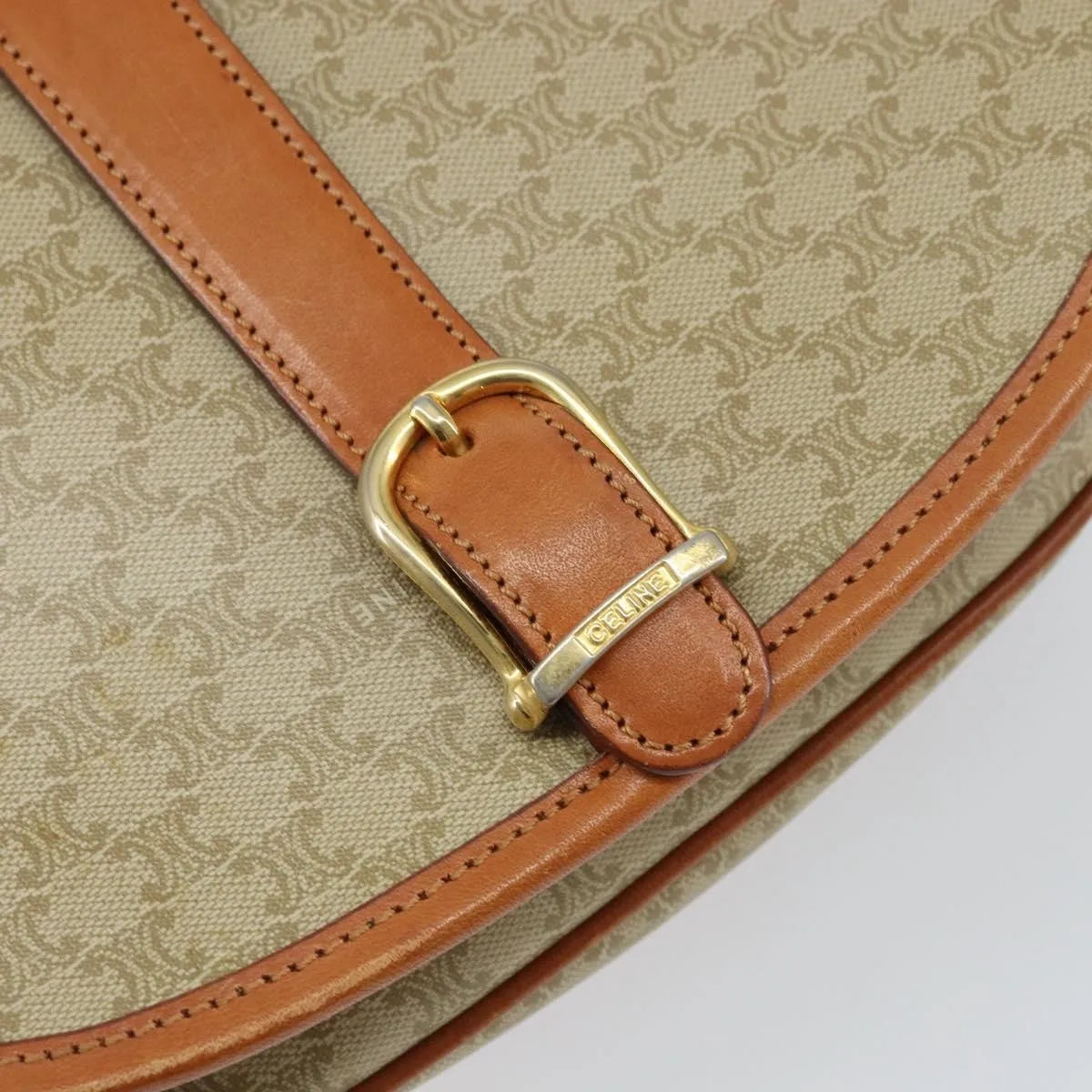 Celine Vintage Macadam Canvas and Leather, Beige, Canvas, Shoulder Bag