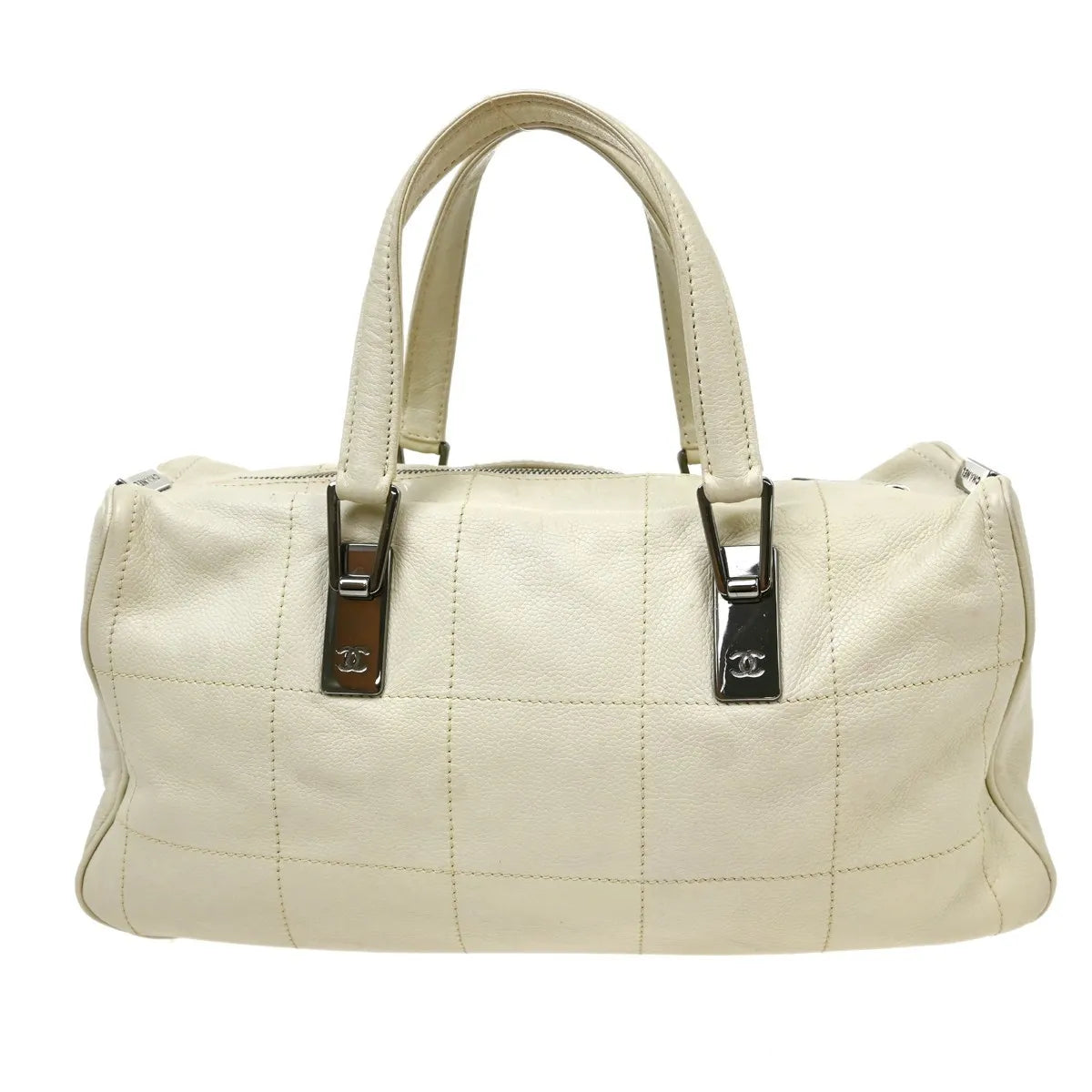 Chanel Square Stitch CC Boston Quilted Leather, White, Leather, Handbag