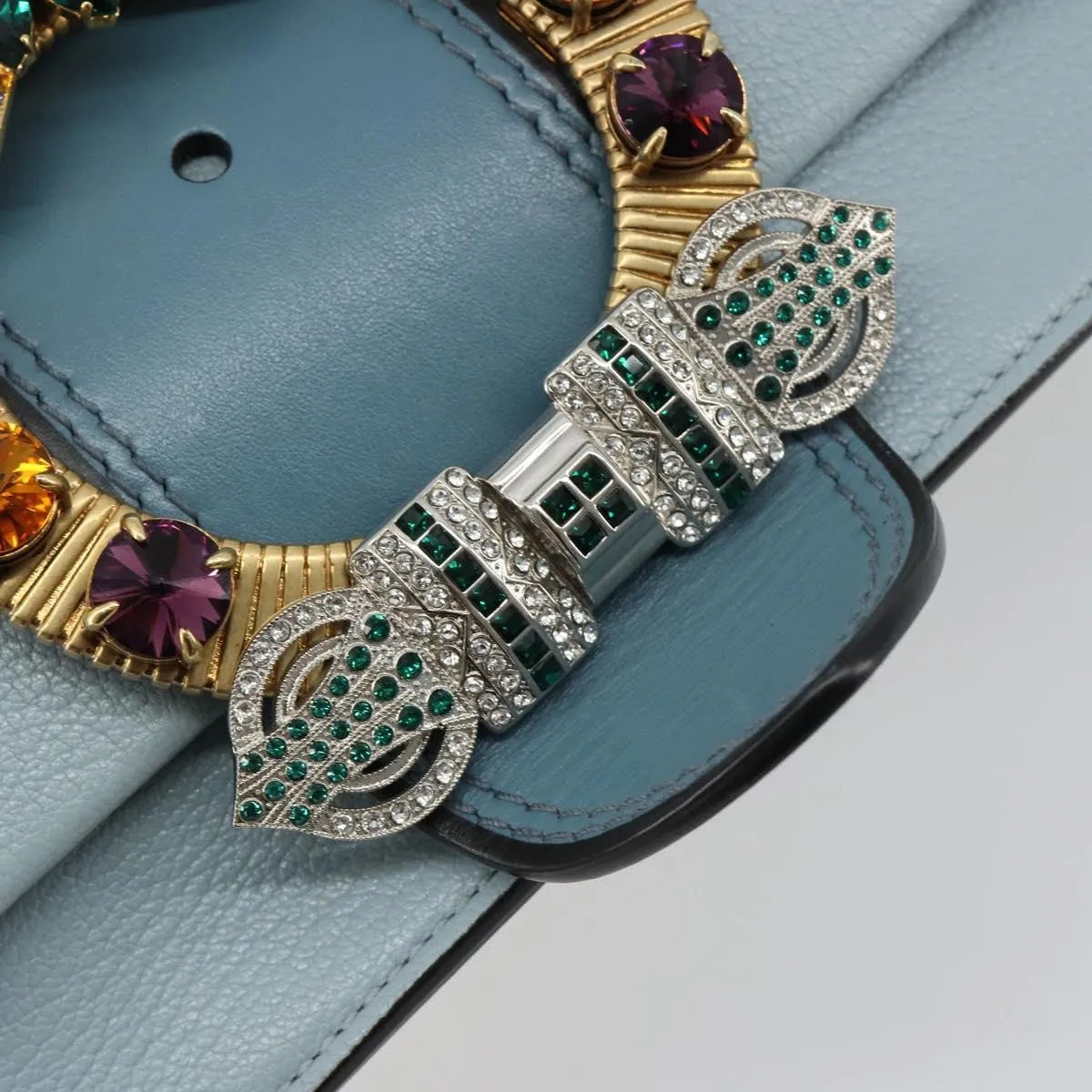 Miu Miu Madras Crystal Buckle Leather, Blue, Leather, Shoulder Bag