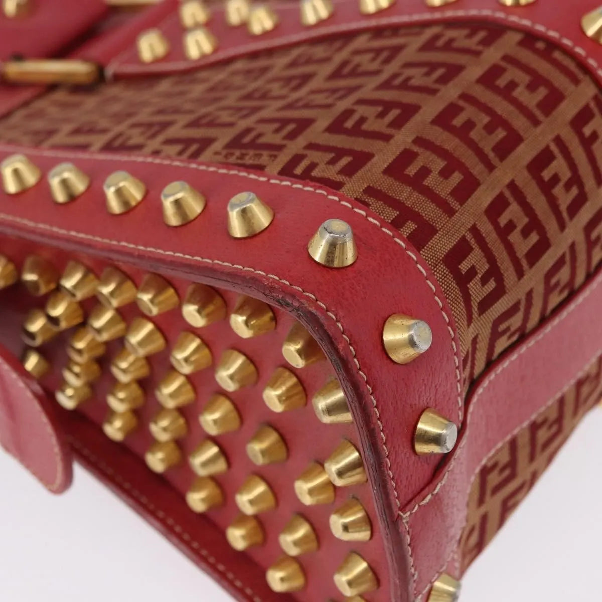 Fendi Studded Handle canvas, Red, Canvas, Handbag