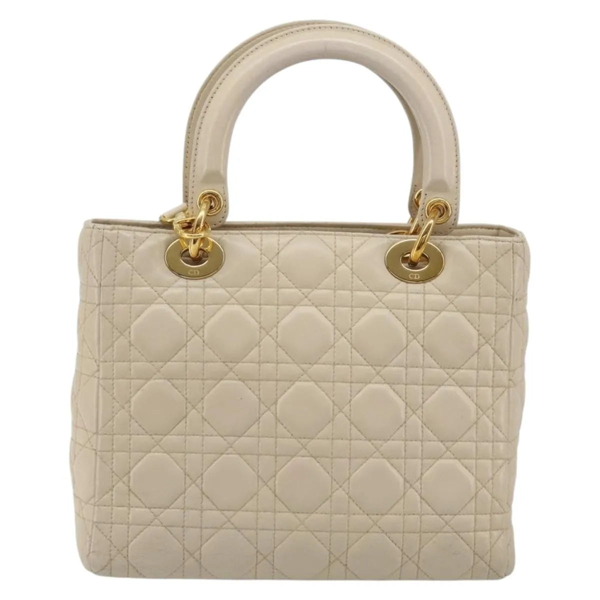 Christian Dior Lady Dior Cannage Quilt Lambskin, Beige, Leather, Handbag