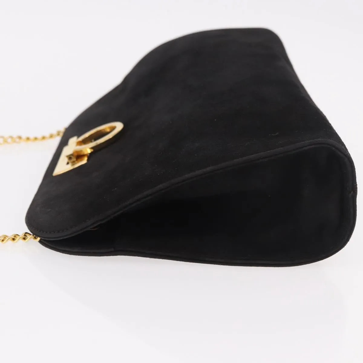 Salvatore Ferragamo Gancini Chain Suede, Black, Suede, Shoulder Bag