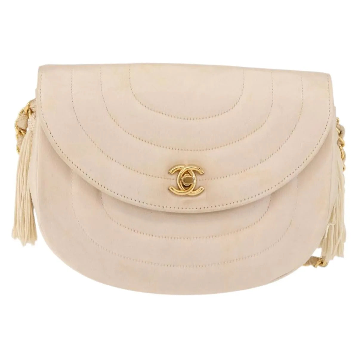 Chanel Vintage Round Flap Satin, Beige, Satin, Shoulder Bag