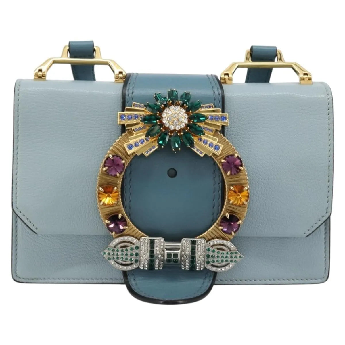 Miu Miu Madras Crystal Buckle Leather, Blue, Leather, Shoulder Bag