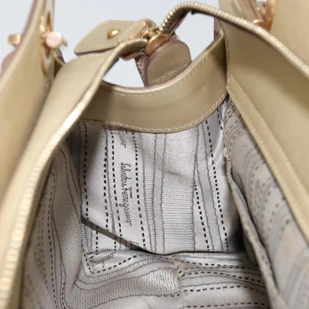 Salvatore Ferragamo Gancini Leather, Gold, Leather, Shoulder Bag