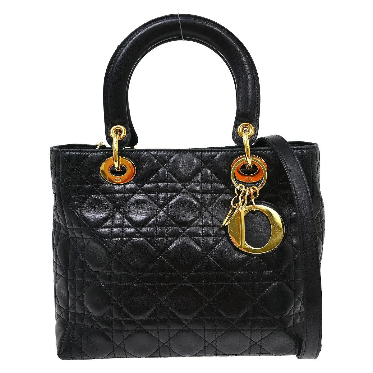 Christian Dior Lady Dior Cannage Quilt Lambskin, Black, Leather, Handbag