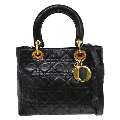 Christian Dior Lady Dior Cannage Quilt Lambskin, Black, Leather, Handbag
