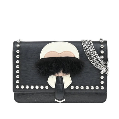 Fendi Karlito Wallet on Chain Studded Saffiano Leather, Black, Leather, Shoulder Bag