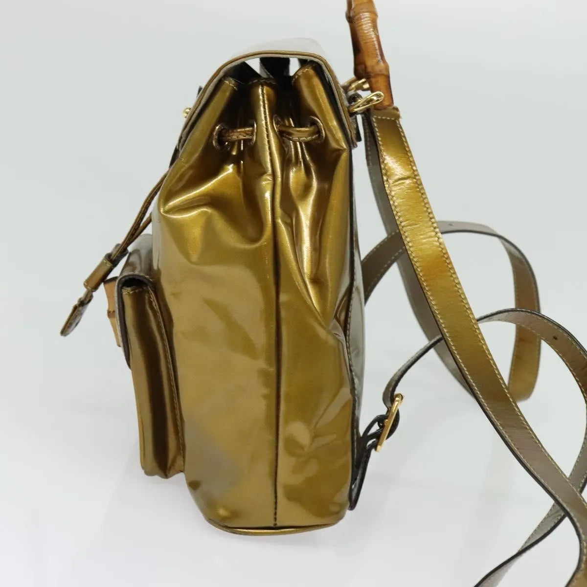 Gucci Vintage Bamboo Patent, Gold, Patent Leather, Backpack
