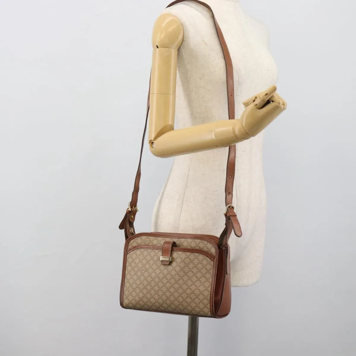 Celine Vintage Macadam Canvas and Leather, Beige, Canvas, Shoulder Bag