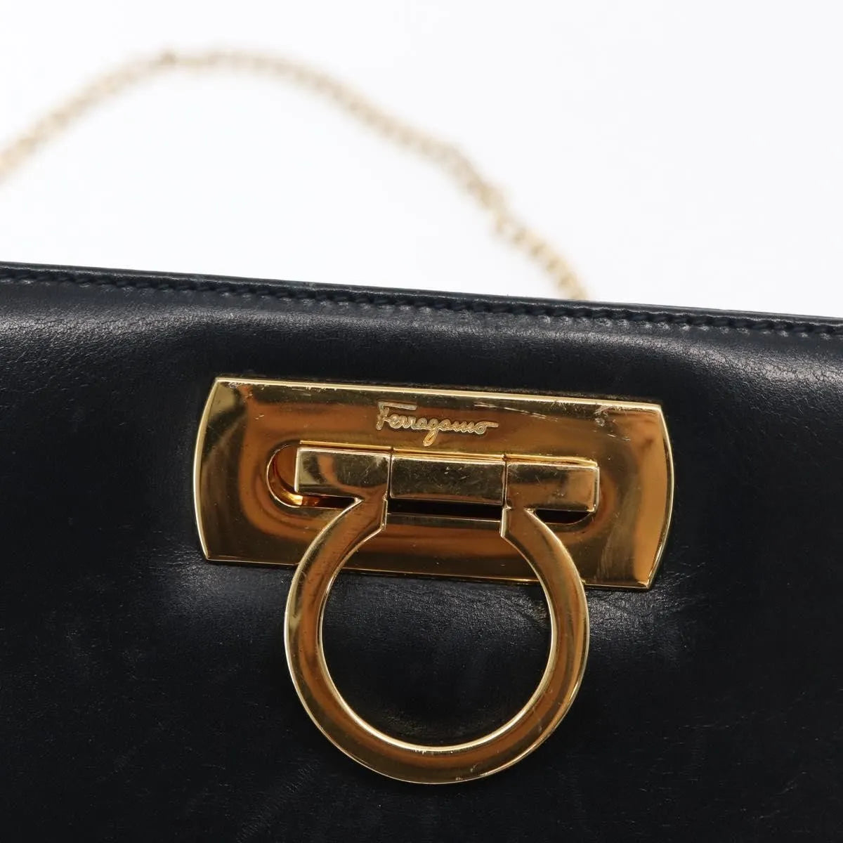 Salvatore Ferragamo Vintage Gancini Chain Leather, Navy, Leather, Shoulder Bag