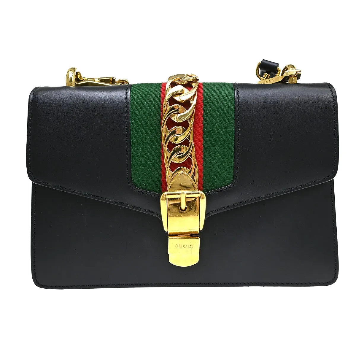 Gucci Sylvie Chain Leather, Black, Leather, Shoulder Bag
