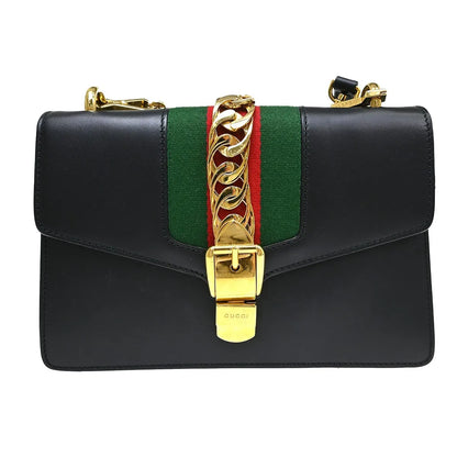 Gucci Sylvie Chain Leather, Black, Leather, Shoulder Bag